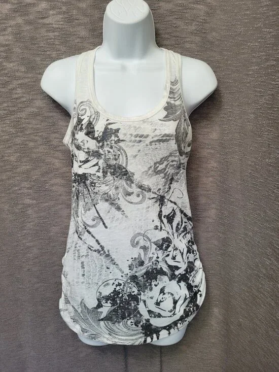 Y2K Girly Grunge Gray Rose Graphic Tank Top Sleeveless Racerback Boho Ruched - Picture 2 of 16